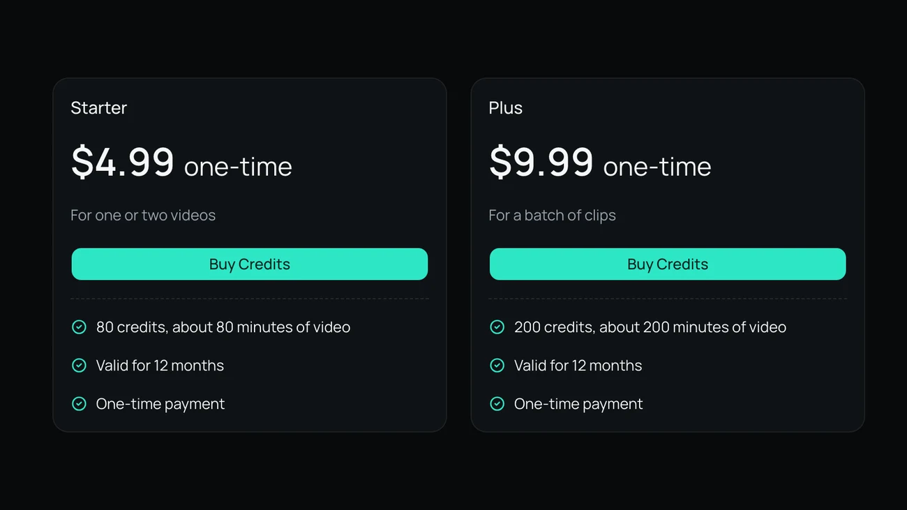 Credit packs on the pricing page: 80 minutes for $4.99 and 200 minutes for $9.99, both one-time payments