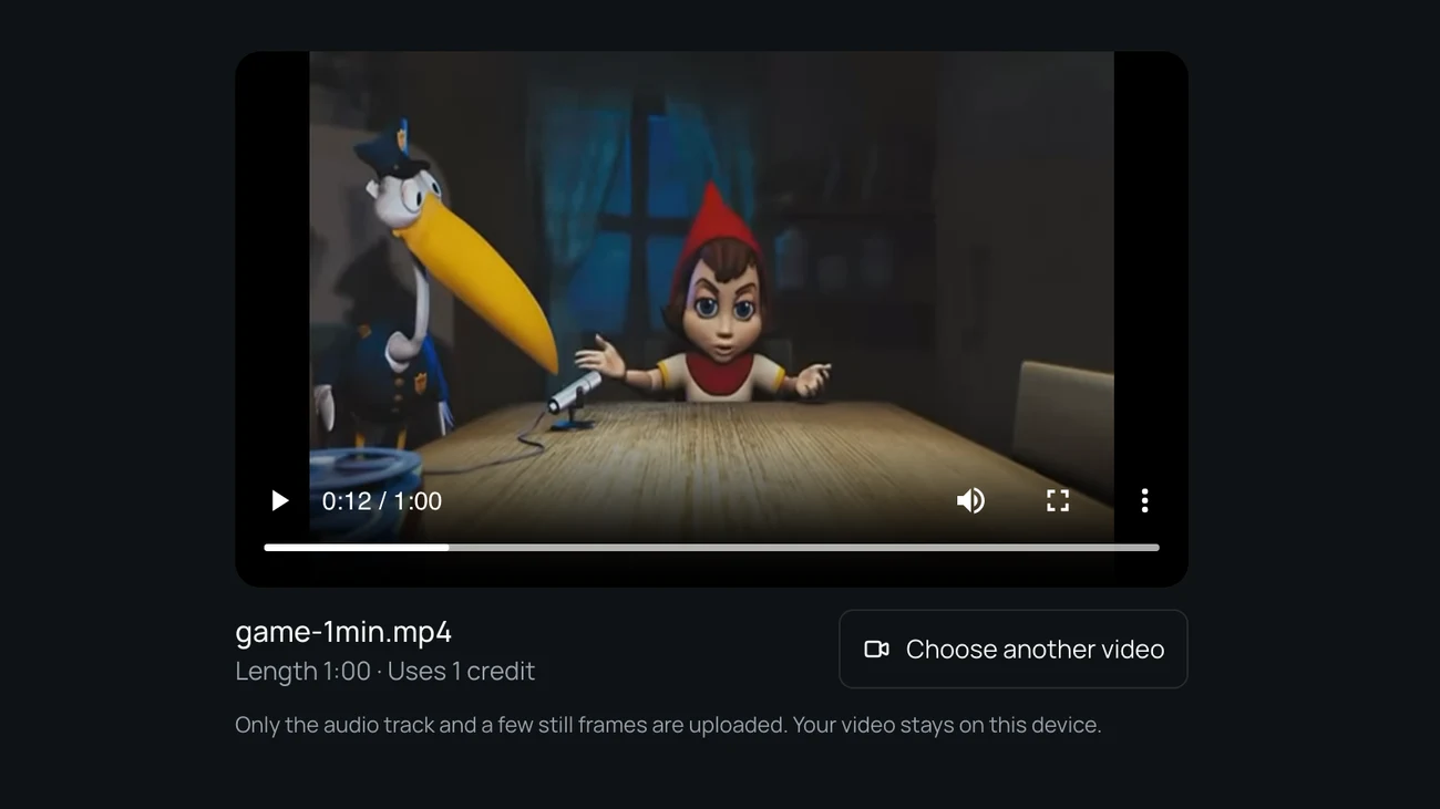 The tool with a video selected, showing that only its audio track is uploaded