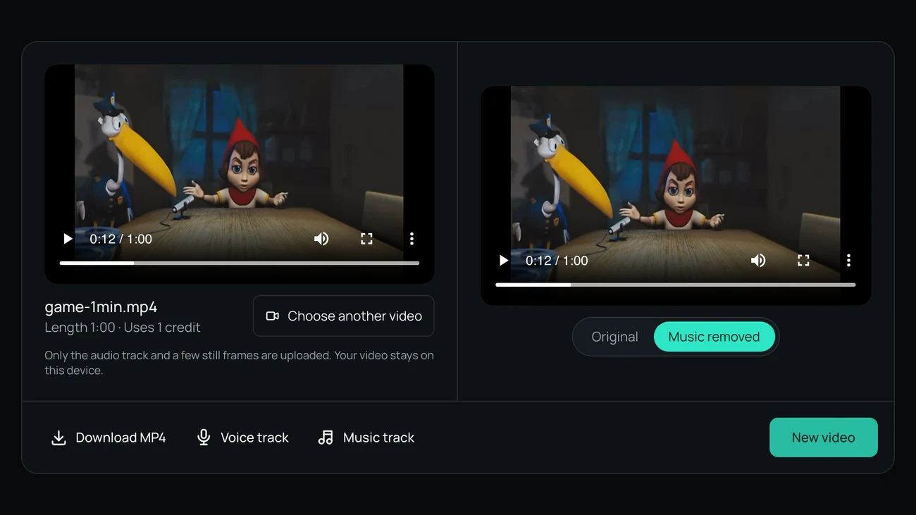 The finished video with download buttons for the MP4, the voice track and the music track